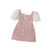 Girls Princess Dress Puff Sleeve - Pink Tweed